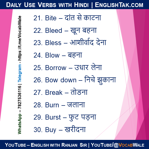 Daily Use English Verbs With Hindi EnglishTak.com