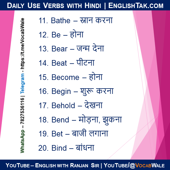 200 Most Common Verbs in English with Hindi