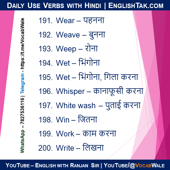 Top Verbs with Hindi - www.EnglishTak.com